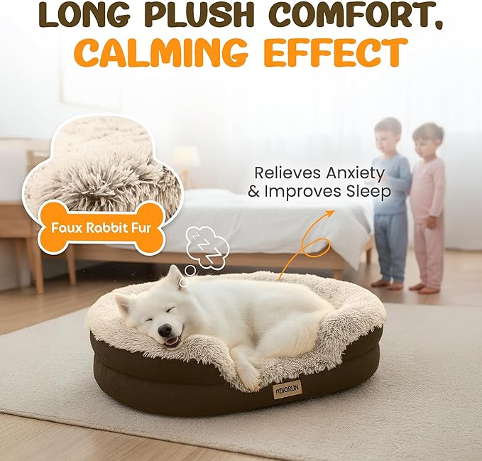 Fluffy Orthopedic Dog Bed for Small & Medium Dogs, Calming Plush Sofa Bed with Curved Bolster Support and Egg-Crate Foam Base, 35" Cozy Oval Pet Donut Bed with Washable Cover, Coffee