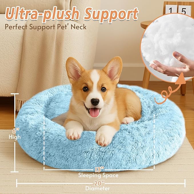JOLLYVOGUE Calming Small Dog & Cat Bed for Indoor Cats - 20 inches Washable Donut Bed for Kittens & Puppies, Anti-Anxiety Round Fluffy Plush Pet Beds (Fits up to 15 lbs, Light Blue)