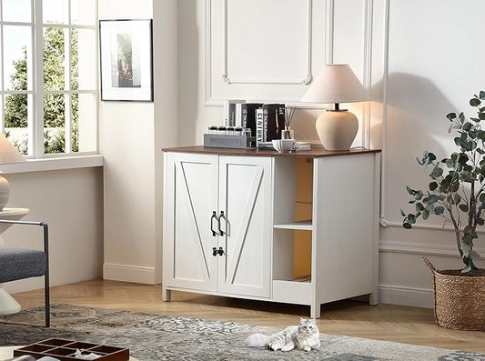 Large Cat Litter Enclosure with Litter Collector, Enclosure for self-Cleaning Litter Boxes,Adjustable Shelf for Dog Proof,Charging Station,Locks Added for cat,Cat House,Antique White