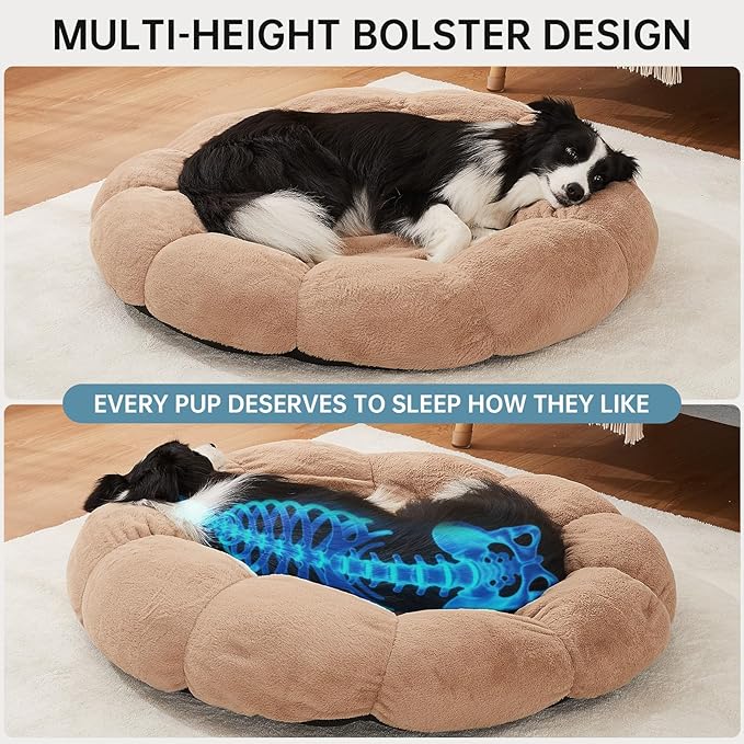 OhGeni 36 inches Calming Donut Orthopedic Dog & Cat Bed for Large Pets, Warming Comfort Fluffy Short Pile Fur, Durable Waterproof Machine Washable Removable Cover, Cute Round Bed for Puppy, Camel