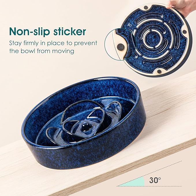vancasso Slow Feeder Dog Bowl, 3 Cups Ceramic Slow Feeder for Large Breed, Puzzle Maze Dog Food Bowl for Fast Eater, Blue