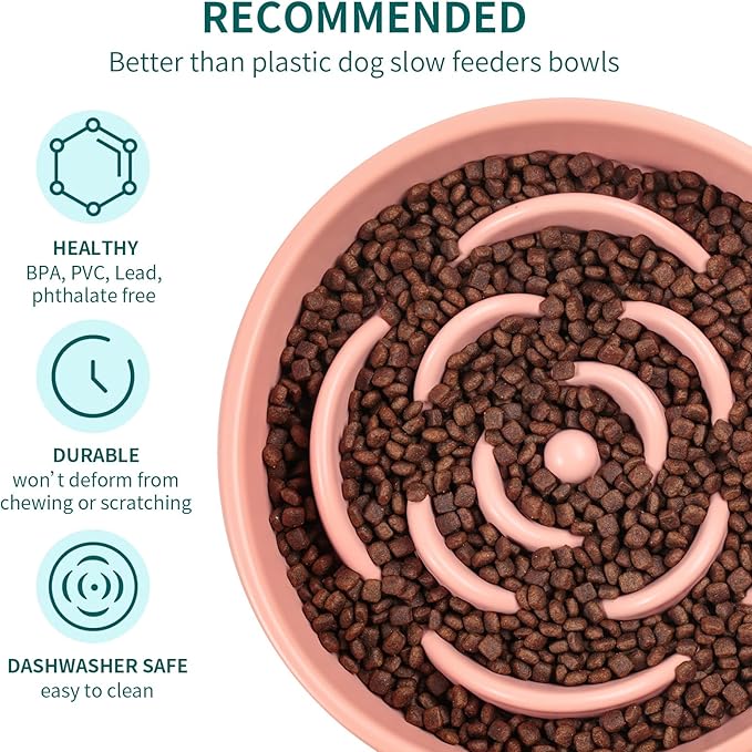 Pink Ceramic Dog Bowl Slow Feeder for Medium and Large Breed,Elevated/Raised 1.5 Cup 8.26 in Slow Feeding Bowl,Puzzle Dog Food Bowl for Fast Eater,Maze Dish for Fast Eater