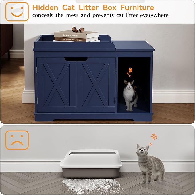 Flip Top Cat Litter Boxes Enclosure Covered Litter Box Hidden Furniture Wooden Cat Washroom Cabinet for Kitty, Medium and Large Cat Blue