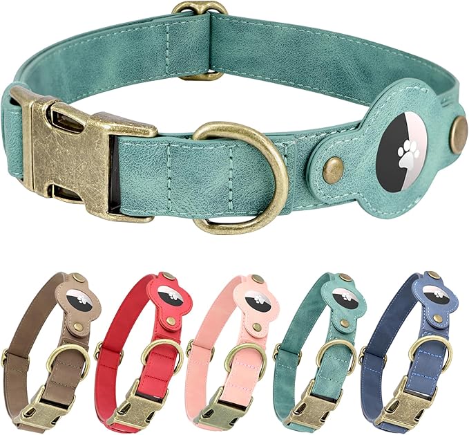 AirTag Dog Collar for Small Dogs Puppy - Soft Leather Dog Collar with Apple AirTag Holder and Metal Buckle - Smart Tracker GPS Apple Air Tag Pet Collars(Green, S)