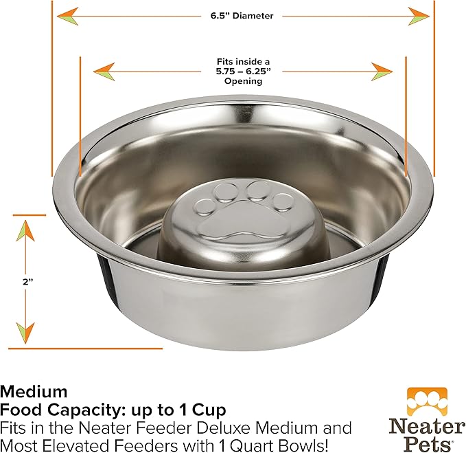 Neater Pet Brands Stainless Steel Slow Feed Dog Bowl for Fast Eating Medium Breed, Metal Slow Feeder Dog Bowl Fits in Medium Neater Feeder Deluxe, for Puppy or Dogs (19-40 lbs), 1 Cup Food Capacity