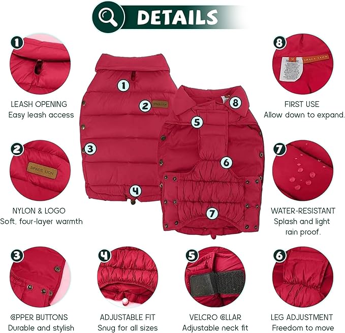 SPACE LION Dog Puffer Jacket, Down Winter Coat, Durable Outdoor Coat for Cold and Windy Conditions, Lightweight & Adjustable Fit Coats for Small Dogs, (Red, Size10/S)