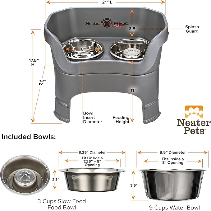 Neater Feeder Deluxe Mess Proof Dog Bowls Elevated for Large Breeds – Made in USA – No Spill Raised Slow Feeder Elevated Dog Bowl Stand w/Leg Extensions, Food and Water Bowl Set, Grey