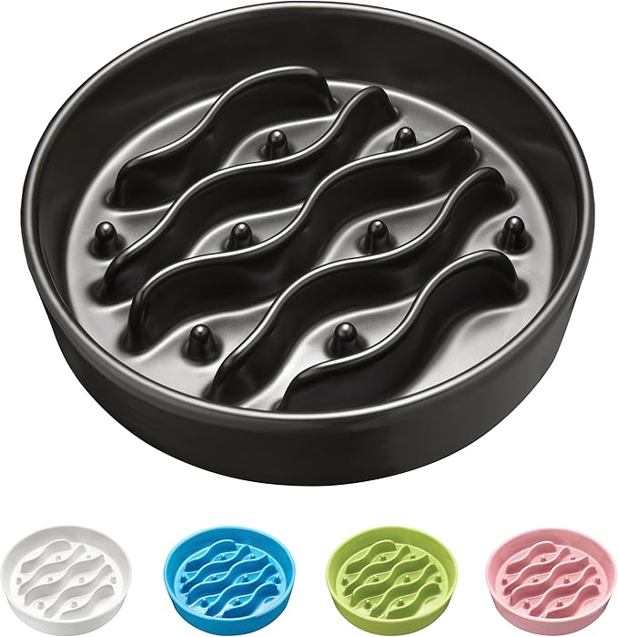 Ceramic Slow Feeder Dog Bowls for Medium and Large Dogs, 2.0 Cups Dog Slow Feeder for Fast Eater, 30oz, 8in, Black