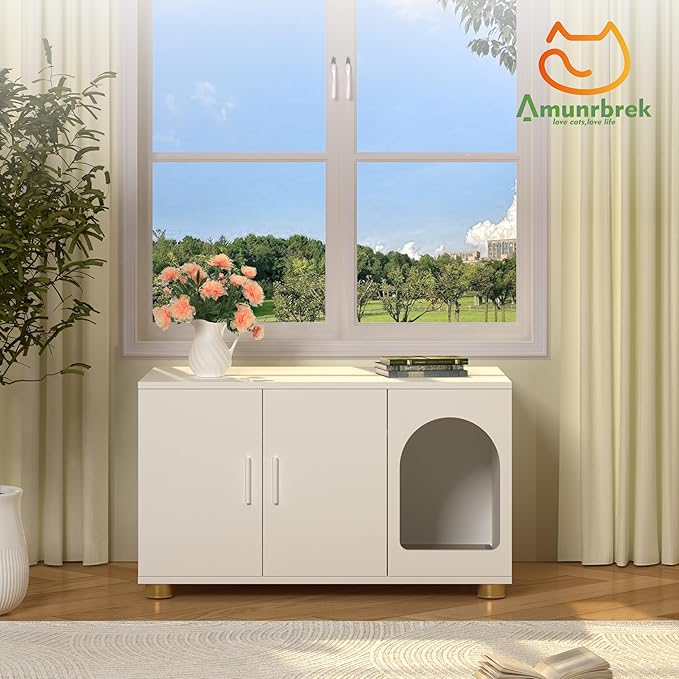 Cat Litter Box Enclosure Furniture, Modern Stackable Litter Box Cabinet with Cat Scratch Mat, Side Table (White)