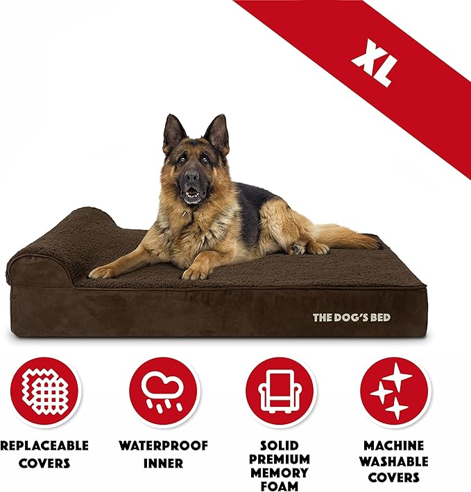 The Dog’s Bed Orthopedic Headrest Dog Bed XL Brown Plush, Memory Foam, Pain Relief for Arthritis, Hip & Elbow Dysplasia, Post Surgery, Lameness, Waterproof Washable Cover