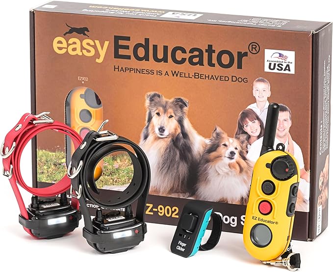 Educator EZ 1/2 Mile Dog Training Collar with Ergonomic Remote, Safe Humane Vibration Stimulation, Pavlovian Tone, Waterproof, Odorproof Biothane Collar, Night Light, Rechargeable, 2 Dog, Yellow