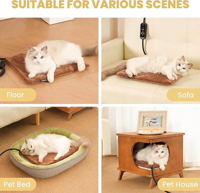 Cat Heating Pad, Heated Cat Bed with 5 Heat Levels, Timer & Auto Shut-Off, Waterproof Warmer with Thick Fleece Cover, Chew-Resistant Cord, for Indoor & Sheltered Outdoor Use, 16" x 13"