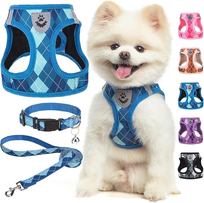 SCENEREAL Small Dog Harness and Leash Collar Set, Step in No Pull Soft Mesh Dog Harnesses for Small Medium Sized Dogs Puppy and Cats Outdoor Walking, No Chock Reflective Vest Harness, Blue Plaid S