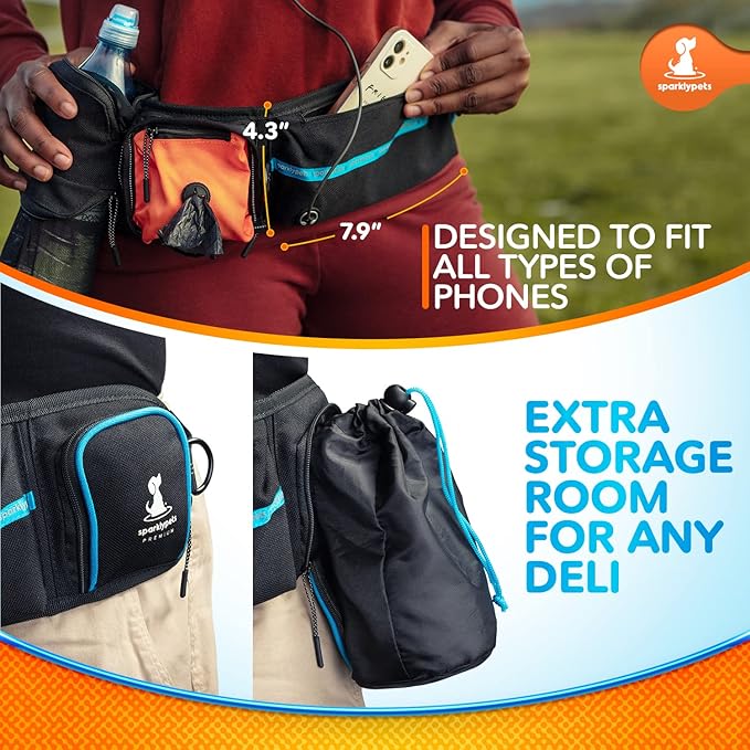 SparklyPets Active Waist Leash for Dog Walking Pack – Hands Free Dog Leash for Medium & Large Breeds – Complete Gear with Phone Holder, Detachable Poop Bag, Treat Pouch, and Bottle Holder