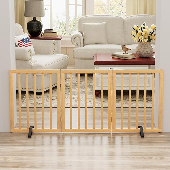 Dog Gates for Doorways Stairs, Foldable Freestanding Pet Gate, Dog Fences Indoor, Bamboo Dog Gates (Natural, 18-55" Wide)