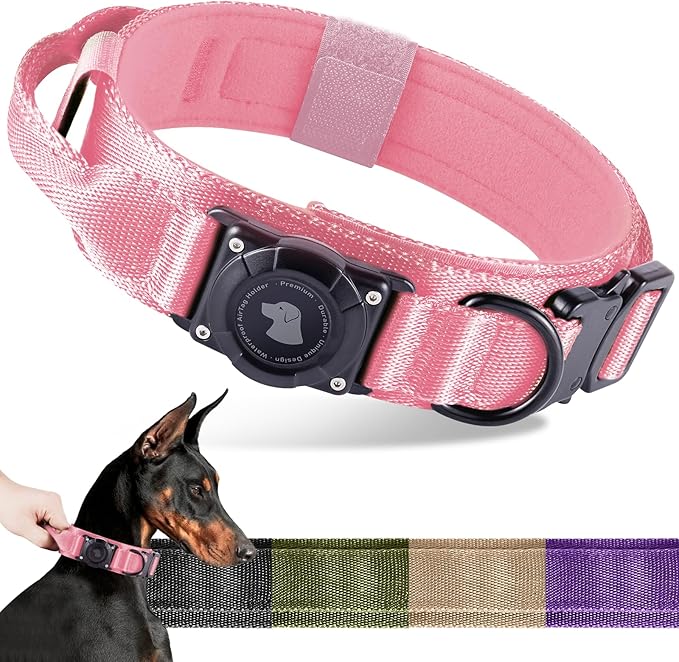 2025 Upgrade Waterproof AirTag Dog Collar, Military Tactical Dog Collar with AirTag Holder, Comfortable Control Handle and Metal Buckle, GPS Dog Collar Holder for Medium to Large Dogs (Pink, M)