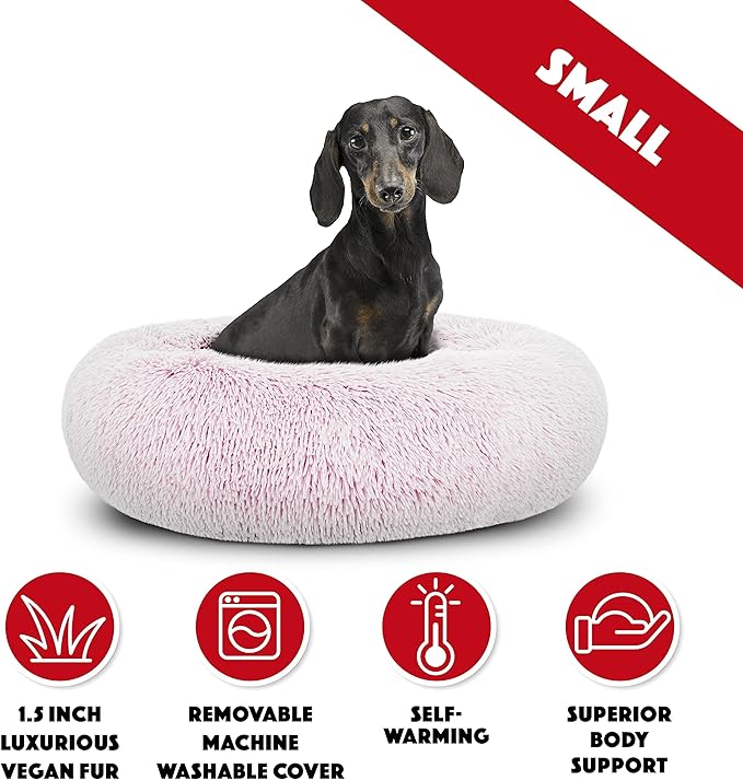 The Dog’s Bed Sound Sleep Original Calming Dog & Cat Bed, Anti-Anxiety Rose Pink Fur Donut Nest Snuggler, with Removable Cover, Veterinary Approved