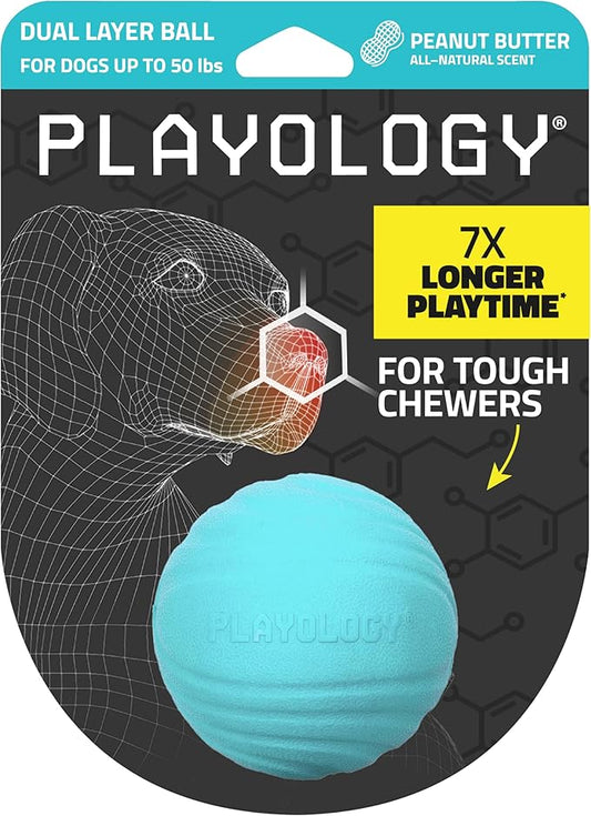 Playology Dog Toys | Dual Layer Ball Durable Chew Toy for Aggressive Chewers | Medium Peanut Butter Scented Toy - Easy to Clean and Made from Non Toxic Materials