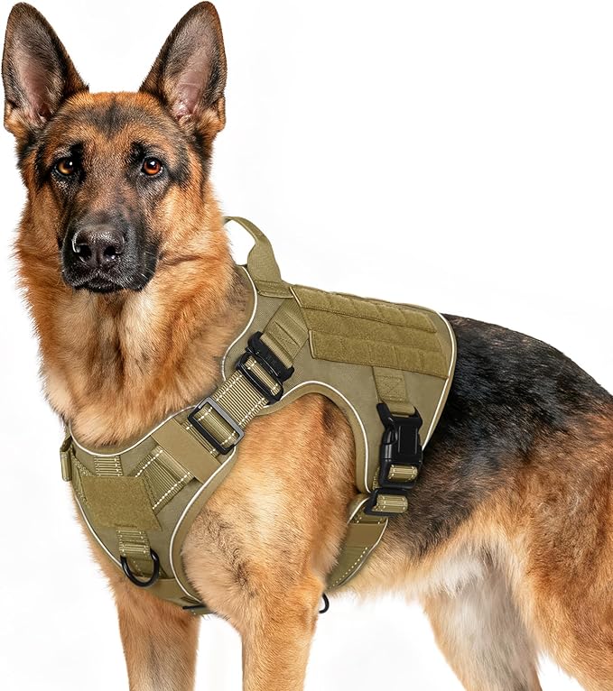 rabbitgoo Tactical Dog Harness for Large Dogs, No Pull Upgraded Reflective Heavy Duty Molle Vest with Handle, Adjustable Military Service Dog Vest for Walking Hiking Training, Brown, XL