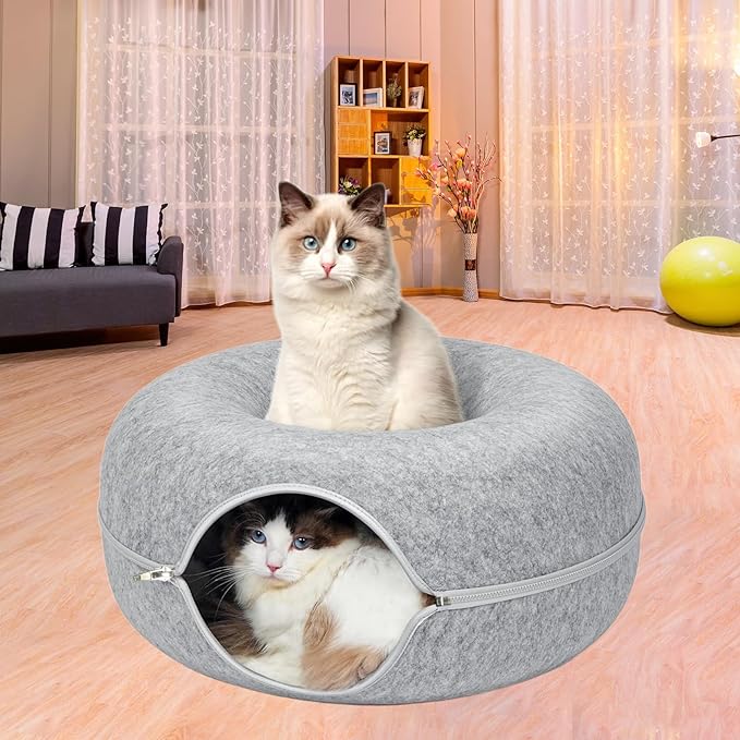 24inch-Tunnel Bed for Indoor,cattasaurus Peekaboo cat cave for Multiple,Detachable Felt Felt Washable Interior for Indoor Cats,Donut Tunnel (Dark Grey)