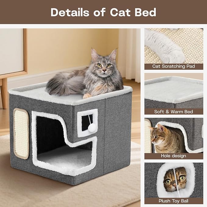 Cat Houses for Indoor Cats - Large Cat Bed Cave with Fluffy Ball and Scratch Pad, Foldable Cat Condo Hideaway for Multi Small Kitten & Pet, Grey