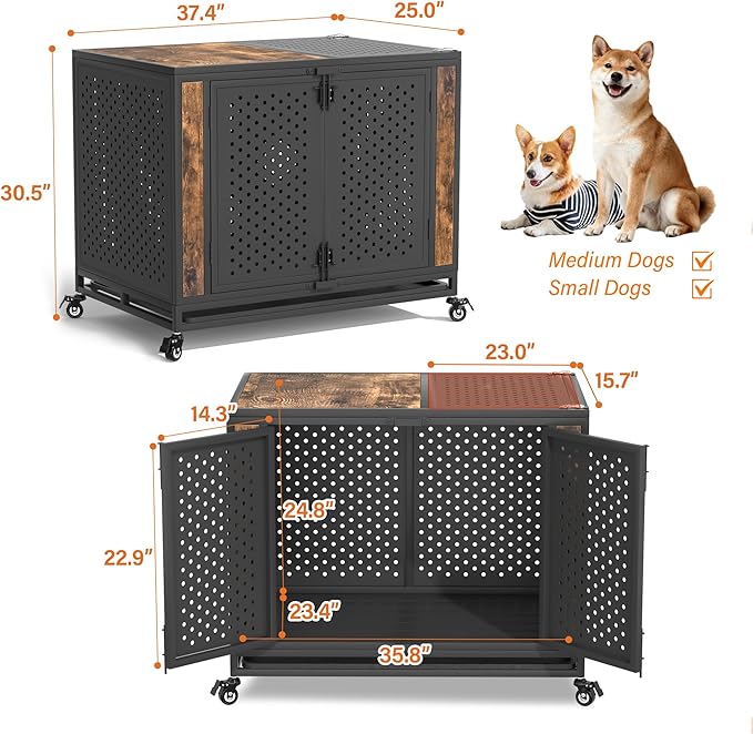 38" Heavy Duty Dog Crate Furniture for Medium and Large Dogs, Enclosed Design with 0.5 inch Holes, Indestructible Metal Kennel for High Anxiety Dogs, Chew Proof Indoor Pet House Cage, Brown