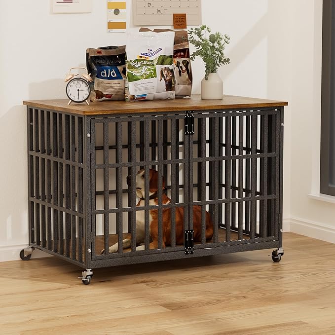 48 Inch Dog Crate Furniture, Heavy Duty Wooden Dog Kennel for Large Dogs, Chew Proof & Escape-Proof Indoor Dog Cage with TV Stand, for Anxious Dogs, Black Brown Cabinet