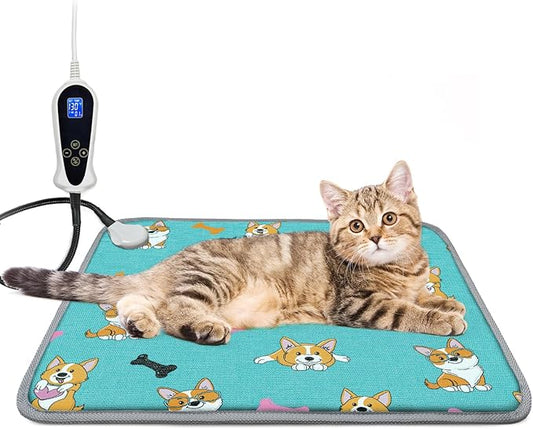 Electric Cat Heating Pad 18x18 in with Digital Temperature Control, Pet Heated Bed Mat LCD Display, Heated Cat Dog Mat with Timer, Chew Resistant Cord