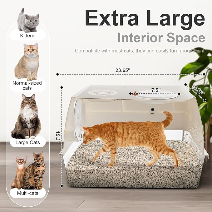 Stainless Steel Litter Box with Lid, XL Extra Large Litter Box, Enclosed Top Entry Metal Litterbox for Big Cats, Easy Cleaning, Less Leakage & High Sided with Mat, Aisle & Scoop, Beige