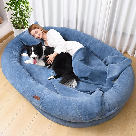 Human Dog Bed for Adults, 73"x56"x12" Washable Orthopedic Size, Faux Fur Removable, Cozy Large Present with Blanket and Pillow, Grayish Blue