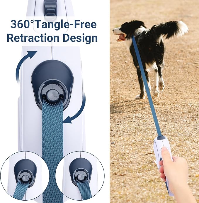 Segarty Extendable Leash, 16ft Heavy Duty Walking Dog Retractable Leash for Medium Small Dogs up to 44lb, Anti-Slip Handle 360°Tangle-Free Nylon Tape, One-Handed One Button Lock (Blue White)