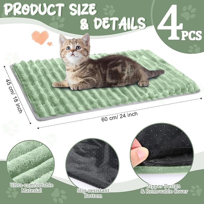 Nuanchu 4 Pack Self Warming Cat Bed 24 x18 Self Heating Dog Cat Pad Bulk Crate Mat Extra Warm Thermal Big Pet Pad for Indoor Outdoor Pets Houses with Removable Washable Cover Non Slip(Light Green)