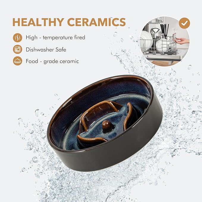 Ceramic 0.9 Cup Raised Slow Feeder Dog Bowl Set, Elevated 6.1inch Water Bowl and 6.1inch Slow Dish with Acacia Wood Stand for Small Dogs (2 x Starry Sky+ Stand)