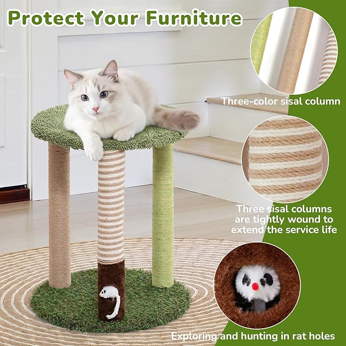 Cat Tree Tower with 3 Scratcher Posts 22inch Tall Cat Tree Sisal Scratching Posts with Fun Cat Toys for Kitty and Adult Cats Small Cat Tower and Perch Bed for Indoor Cats (Green)