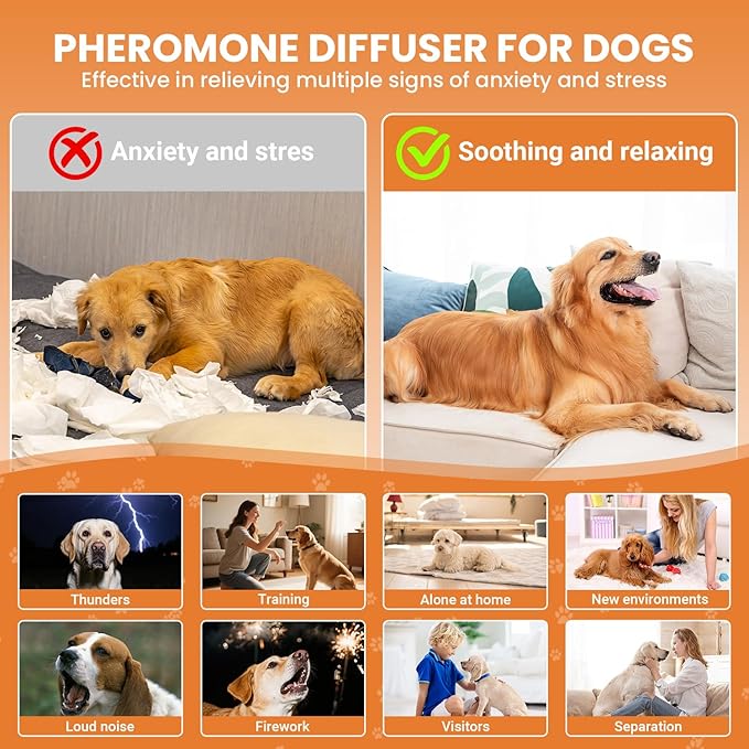 Dog Calming Diffuser, 4 in 1 Puppy Pheromones Calming DiffuserRelaxing Solution for Stress and Anxiety in Dogs, Reducing Scratching and Barking Behaviors, Help Train Dog to Pee