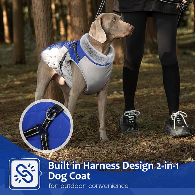 Dog Winter Coat with Harness, Dog Jacket, Pet Clothes with Zipper on Back, Waterproof Windproof Warm Vest, Reflective Cold Weather Coats, for Small Medium Large Dogs, Thick, Blue, S