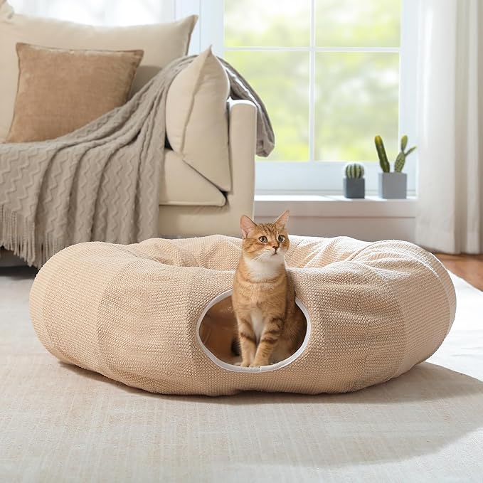 PEQULTI Cat Donut Tunnel with Bed for Indoor Cats, Cat Play Tunnel with Washable Soft Plush Mat, Round Tube Toys Cute Tube for Kittens, Puppies, Rabbits and Ferrets, Beige