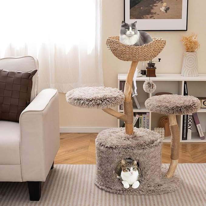 Tangkula Solid Wood Cat Tree, Multi-Level Cat Tower with Well-Woven Cattail Basket, Luxury Condo, Scratching Posts, Dangling Ball, Soft Long Plush Fabric, Modern Boho Cat Tree for Indoor Kittens