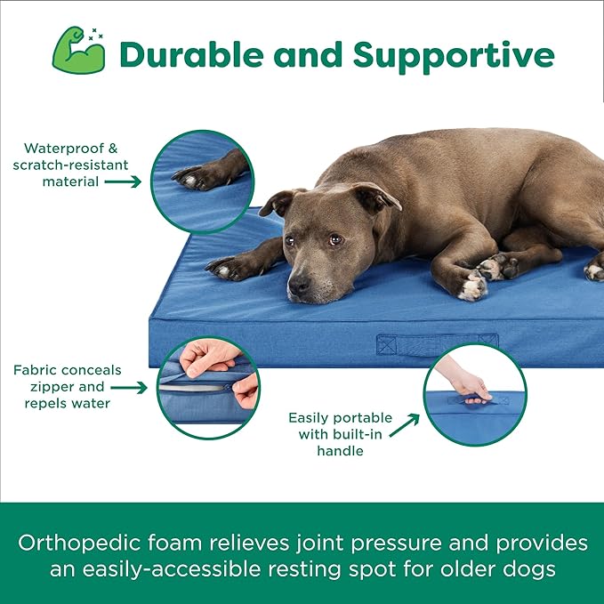 FurHaven Cooling Dog Bed – XL Foam Mattress for Joint Pain Relief, Waterproof Liner, Removable Washable Cover, Durable for Outdoor Use, Deluxe Grid Indoor/Outdoor Bed – Blue, Jumbo