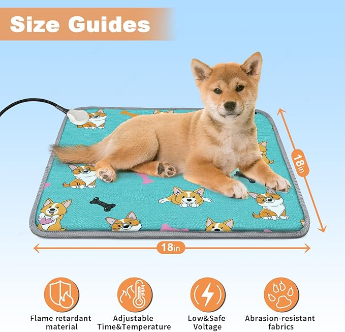 Electric Cat Heating Pad 18x18 in with Digital Temperature Control, Pet Heated Bed Mat LCD Display, Heated Cat Dog Mat with Timer, Chew Resistant Cord