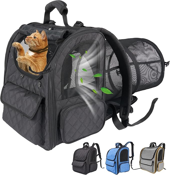 Dog Travel Backpack with Expandable Tunnel for Cats and Dogs up to 17lbs, Secure Carrier with Safety Leash, Soft Cushion, Comfortable Shoulder Straps, Black