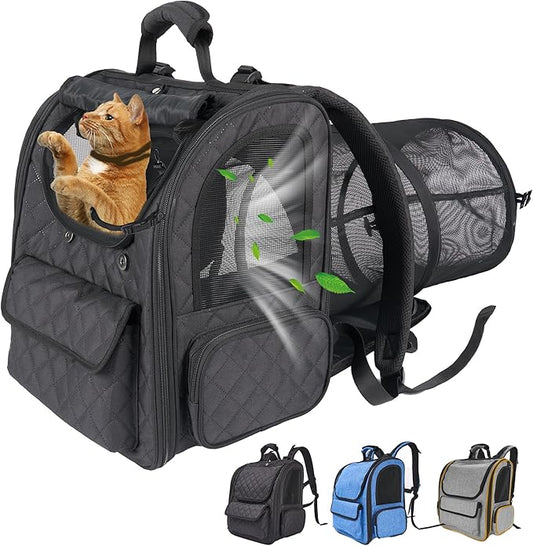 Dog Travel Backpack with Expandable Tunnel for Cats and Dogs up to 17lbs, Secure Carrier with Safety Leash, Soft Cushion, Comfortable Shoulder Straps, Black