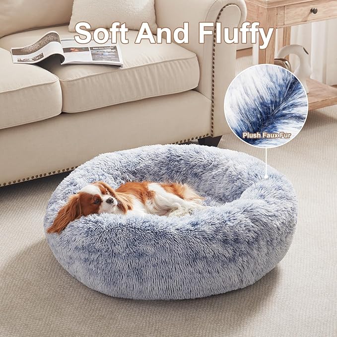 30 inches Donut Dog Bed for Medium Dogs,Calming Fluffy Round Pet Bed with Removable & Washable Cover,Fits up to 45 lbs Pets(Dark Blue,Medium)