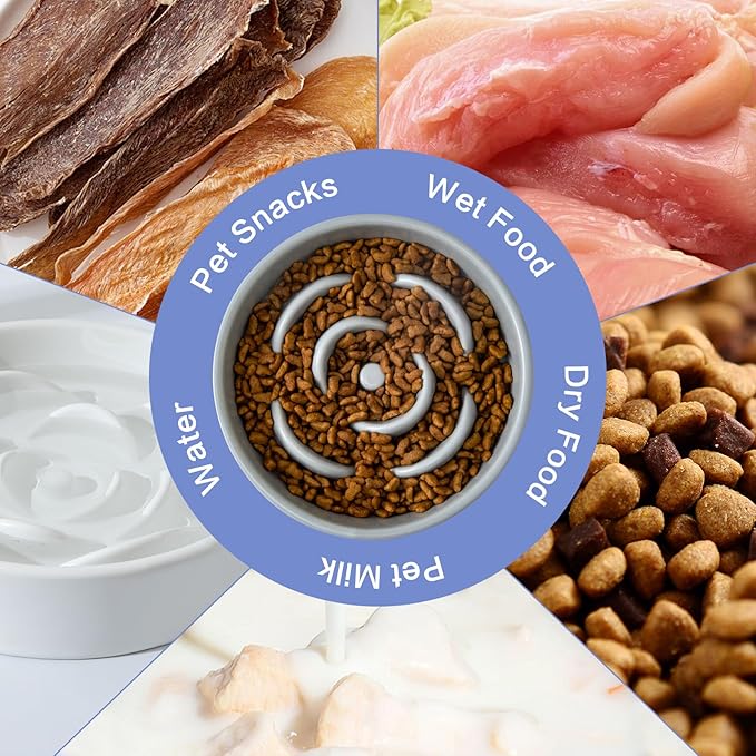 6'' Ceramic Slow Feeder Dog Bowls - Petal Shape Modern Dog Food Dish for Cats and Small Breed Dogs, Puzzle Maze Bowl to Slow Down Eating, Anti-Gulping, Dishwasher & Microwave Safe, Grey