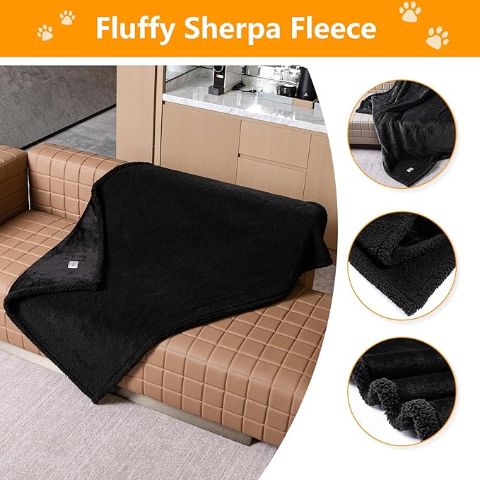 Waterproof Dog Blanket Reversible Pet Bed Cover Puppy Blankets Leakproof Sofa Couch Washable Cover Cat Fluffy Black Pet Blanket for Warm-S