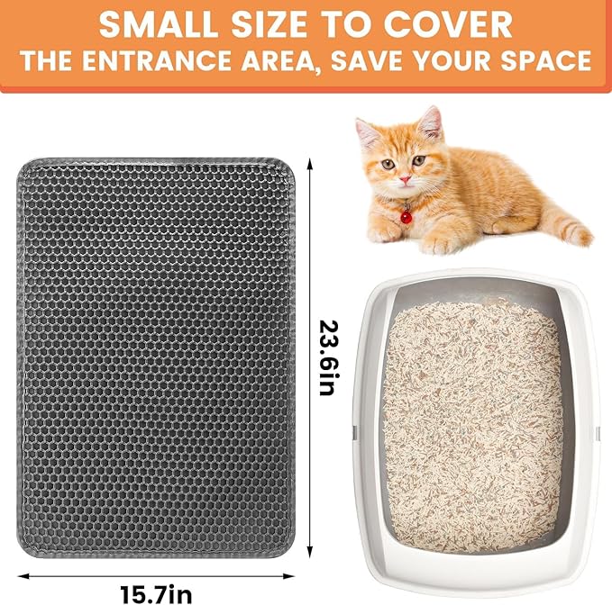 23.6” x15.7” Cat Litter Mat, Litter Trapping mat, cat mat for Litter Box, cat Litter mat Small, Honeycomb Double Layer Design, Waterproof & Urine Proof, Scatter Control, Non-Slip, Grey, 1 Pack
