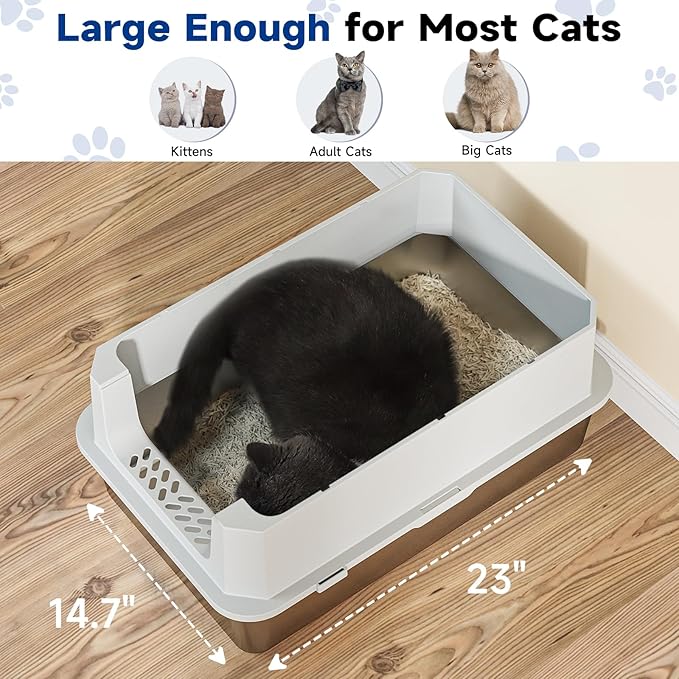 TENTIZON Stainless Steel Cat Litter Box with Lid, XL Large Covered Kitty Litterbox with Flip Top, High Side, Litter Mat, Scoop for Big Cats, Kitten, Multi-Cats Home, No Smell, No Mess, Easy Clean