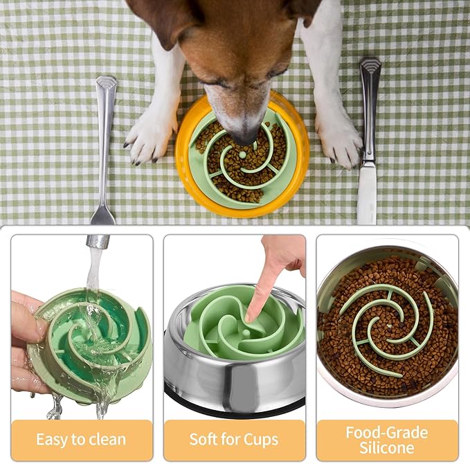 Slow Feeder Dog Bowls Insert, Bestalk Soft Silicone Slow Eating Feeder Insert with Suction Cups for Small, Medium and Large Dogs, Fit into Basic and Elevated Dog Bowls, Green
