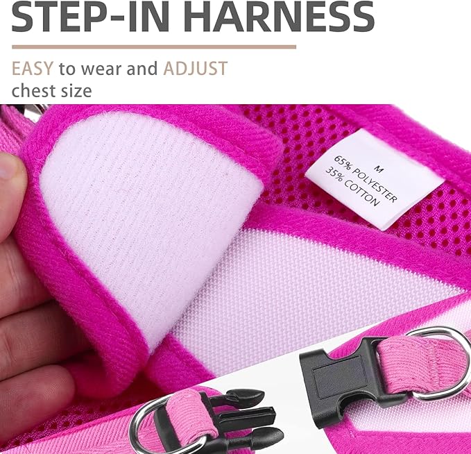 PUPTECK Dog Harness and Leash Set for Small Medium Dogs No Pull Step-in Soft Mesh Puppy Cat Vest Harnesses Reflective at Night, Denim Pink L