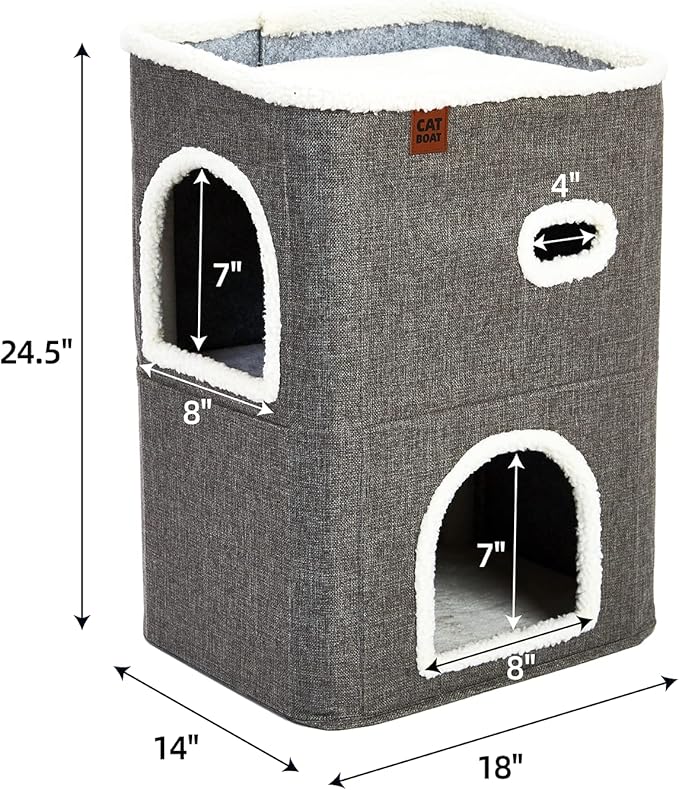 CATBOAT 2-Storey Cat House for Indoor Cats Bed, Covered Beds & Furniture with Scratch Pad and Hideaway Cave, Cute Modern Condo for Multi Small Pet Large Kitten Kitty, Grey